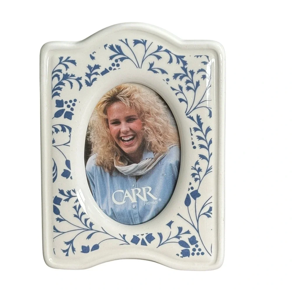Vintage 1989 Carr Ceramic Picture Frame Blue White Floral Oval Tabletop